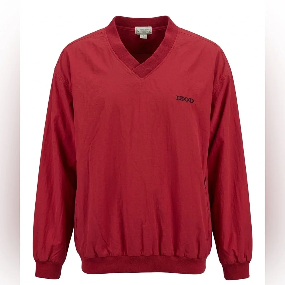 Vintage 90s IZOD V-Neck Windbreaker Pullover Red Medium Gorpcore Golf Jacket